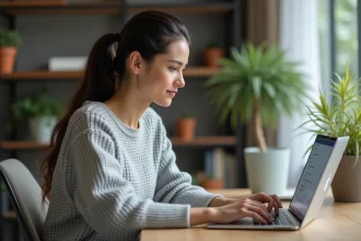 Femme consultant l'historique de son activité Google sur un ordinateur portable dans un bureau à domicile
