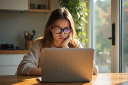 Jeune femme à la cuisine regardant son ordinateur avec des signes d'alerte