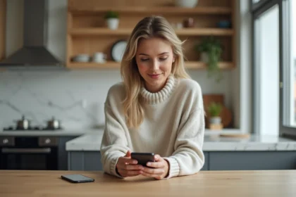 Femme déballant un nouveau smartphone dans une cuisine lumineuse