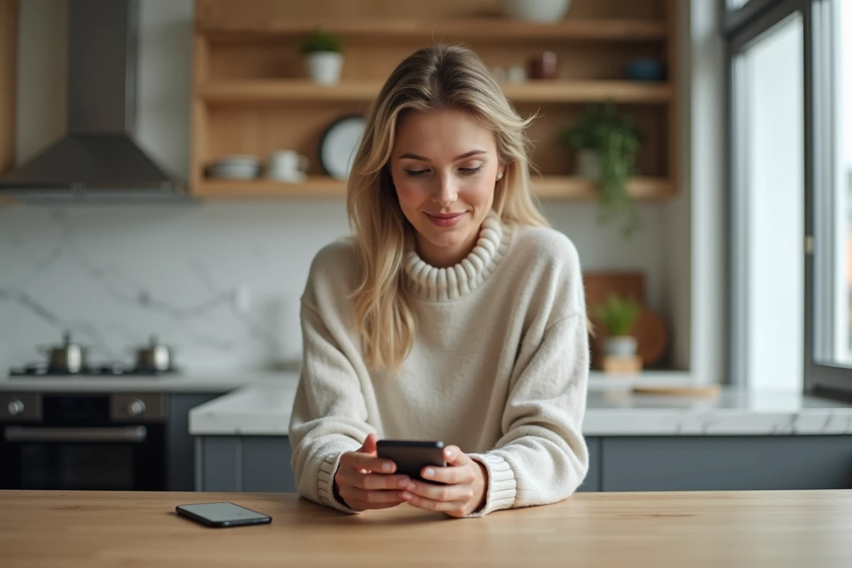 Femme déballant un nouveau smartphone dans une cuisine lumineuse