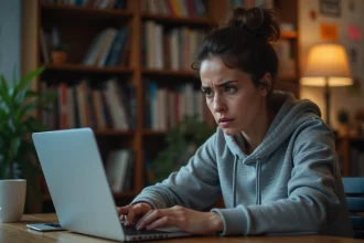 Femme consultant les conditions des droits d'auteur sur une plateforme vidéo en ligne depuis son bureau à domicile