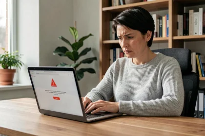 Femme frustrée devant son ordinateur portable affichant une erreur de connexion au webmail