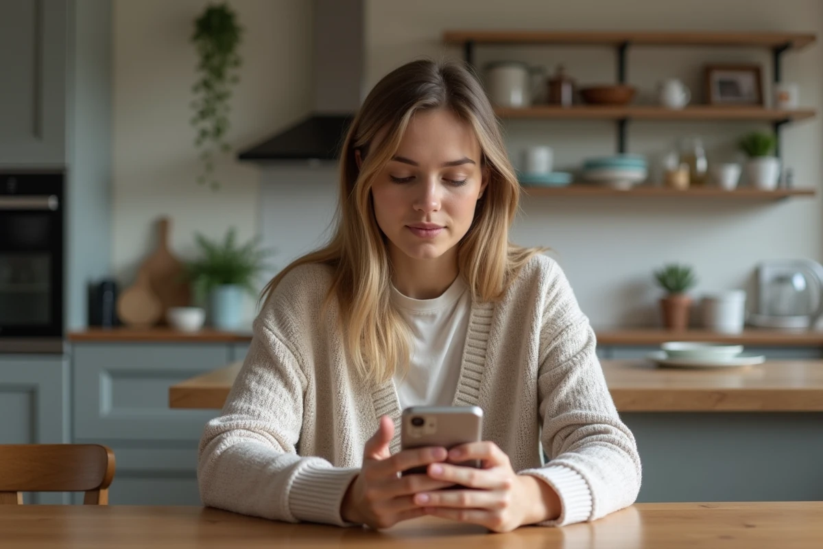 Femme regardant sa galerie d'images sur smartphone à la maison