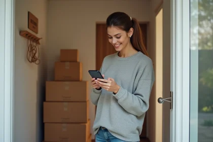 Femme consultant une application de gestion de colis sur smartphone dans l'entrée de son appartement moderne