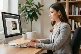 Femme professionnelle insérant une photo dans un fichier PDF sur son ordinateur de bureau