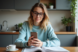 Femme lisant un magazine avec smartphone dans la cuisine