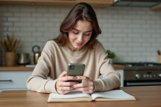 Jeune femme avec smartphone dans une cuisine moderne