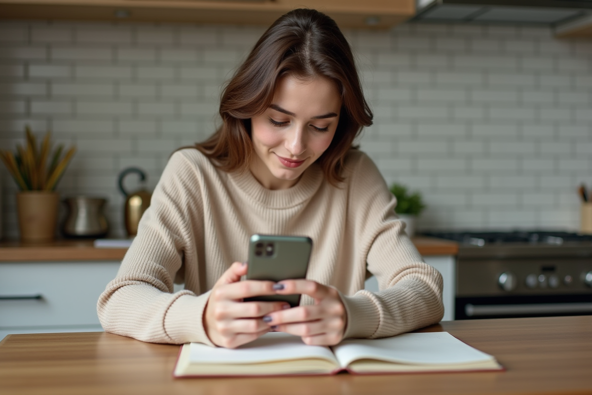 Jeune femme avec smartphone dans une cuisine moderne