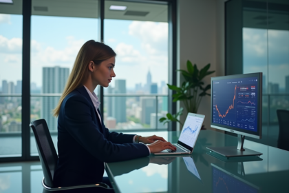 Femme professionnelle analysant des graphiques sur son ordinateur