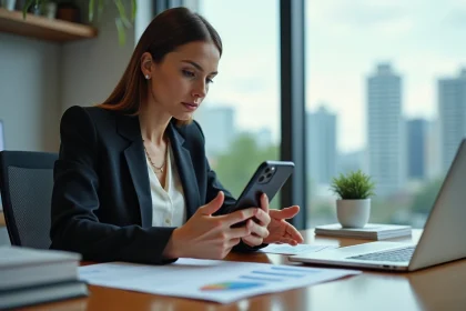 Femme professionnelle examine des graphiques sur son iPhone