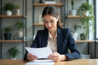 Femme professionnelle en bureau moderne lisant un document