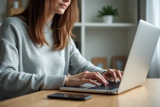 Femme tapant des raccourcis clavier sur un ordinateur portable dans un bureau minimaliste