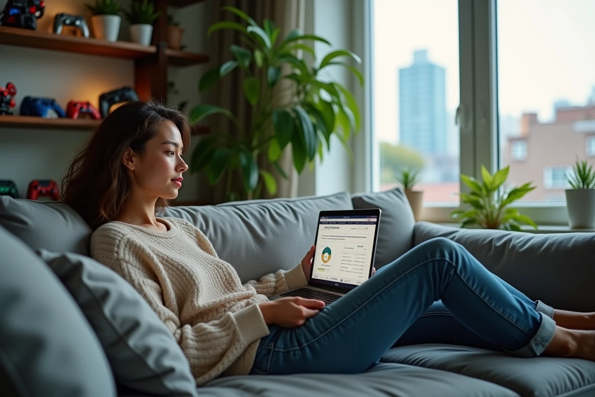 Femme détendue sur le canapé avec ordinateur portable