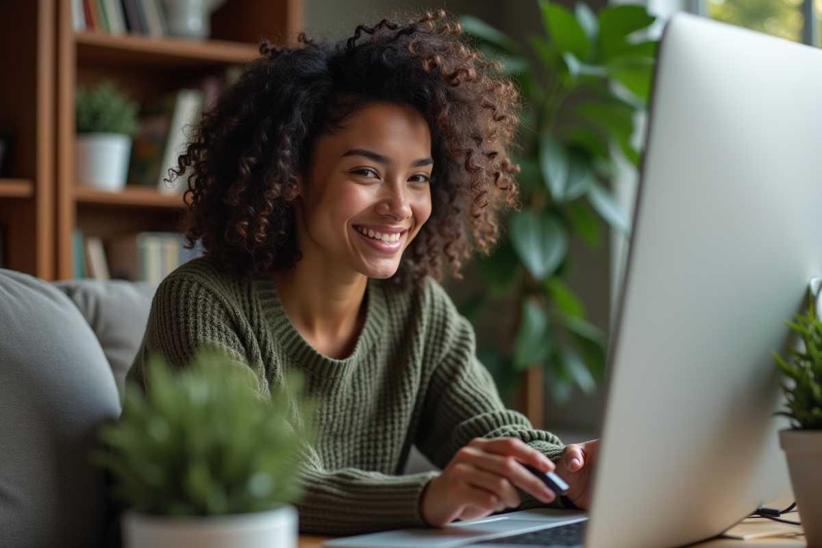 Jeune femme insérant une clé USB de sauvegarde dans un ordinateur à la maison
