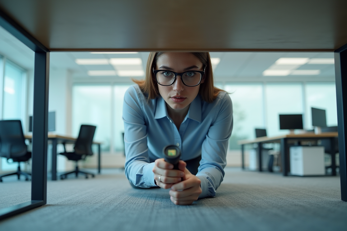 Jeune femme scannant sous un bureau avec un détecteur