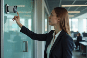 Femme d affaires examinant une camera de securite dans un bureau moderne
