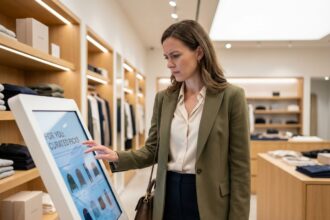 Femme élégante regardant un écran digital en magasin