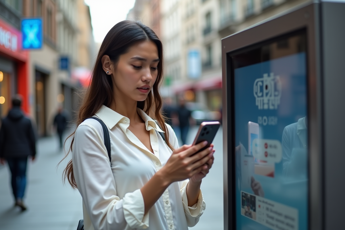 Jeune femme dehors face à un kiosque WiFi avec erreur 404