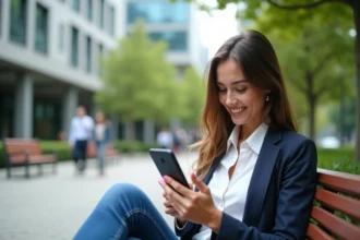 Jeune femme souriante utilisant son smartphone dans un parc