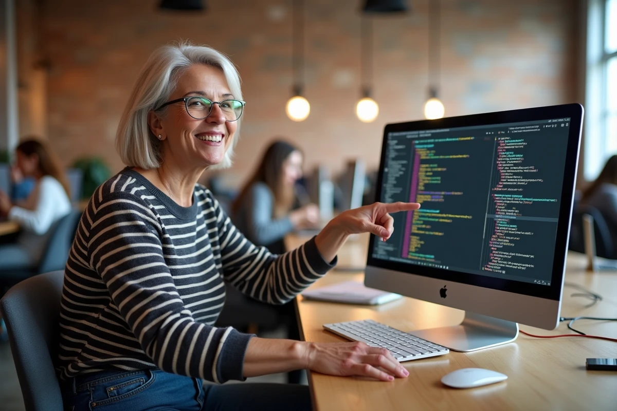 Femme souriante pointant un écran avec code Python dans un espace de coworking