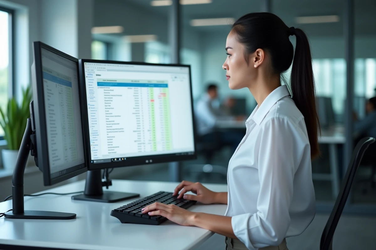 Femme debout au bureau utilisant des symboles flèches dans un tableur en open space