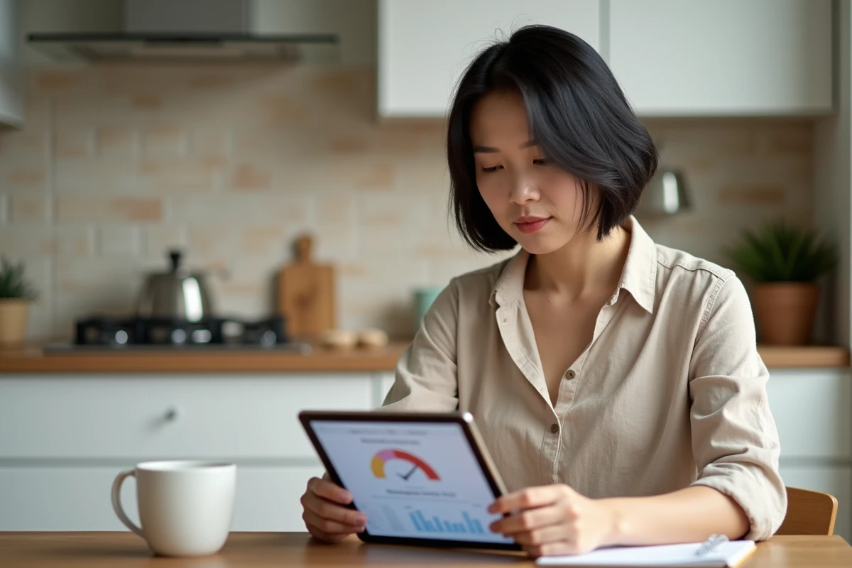 Femme analysant sa consommation de données mobiles sur une tablette avec l'application SFR TV dans sa cuisine