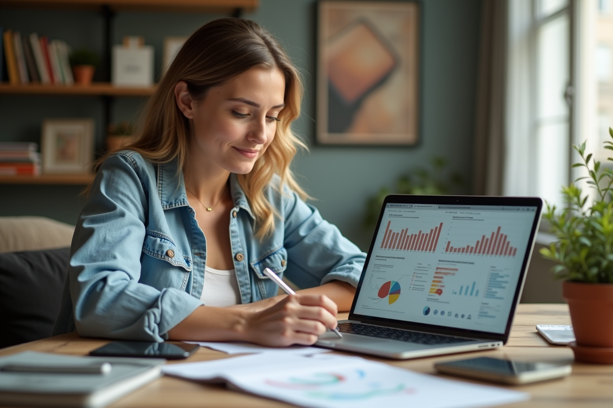 Femme en télétravail prenant des notes à son bureau lumineux