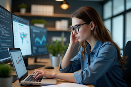 Jeune femme professionnelle étudiant des résultats de recherche