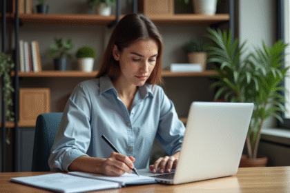 Jeune femme en blouse écrivant sur un carnet dans un bureau moderne