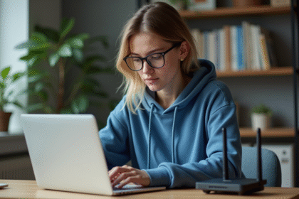 Jeune femme en hoodie bleu travaillant à domicile