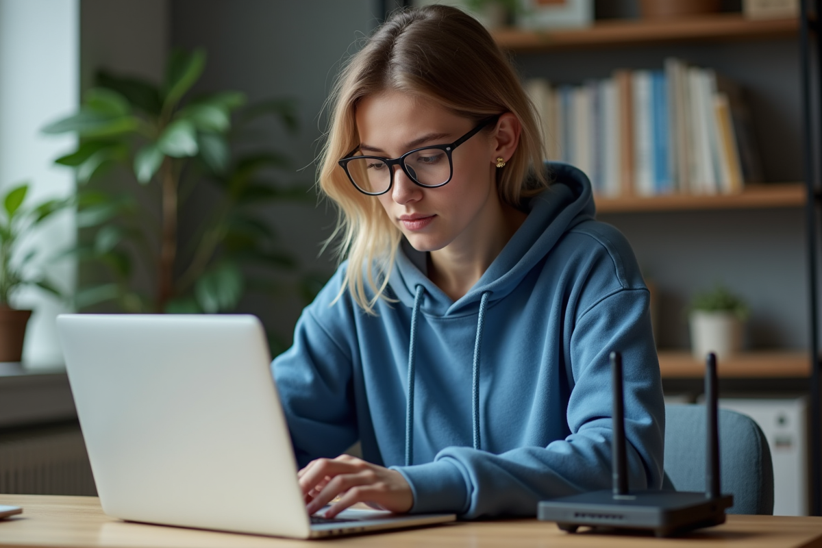 Jeune femme en hoodie bleu travaillant à domicile