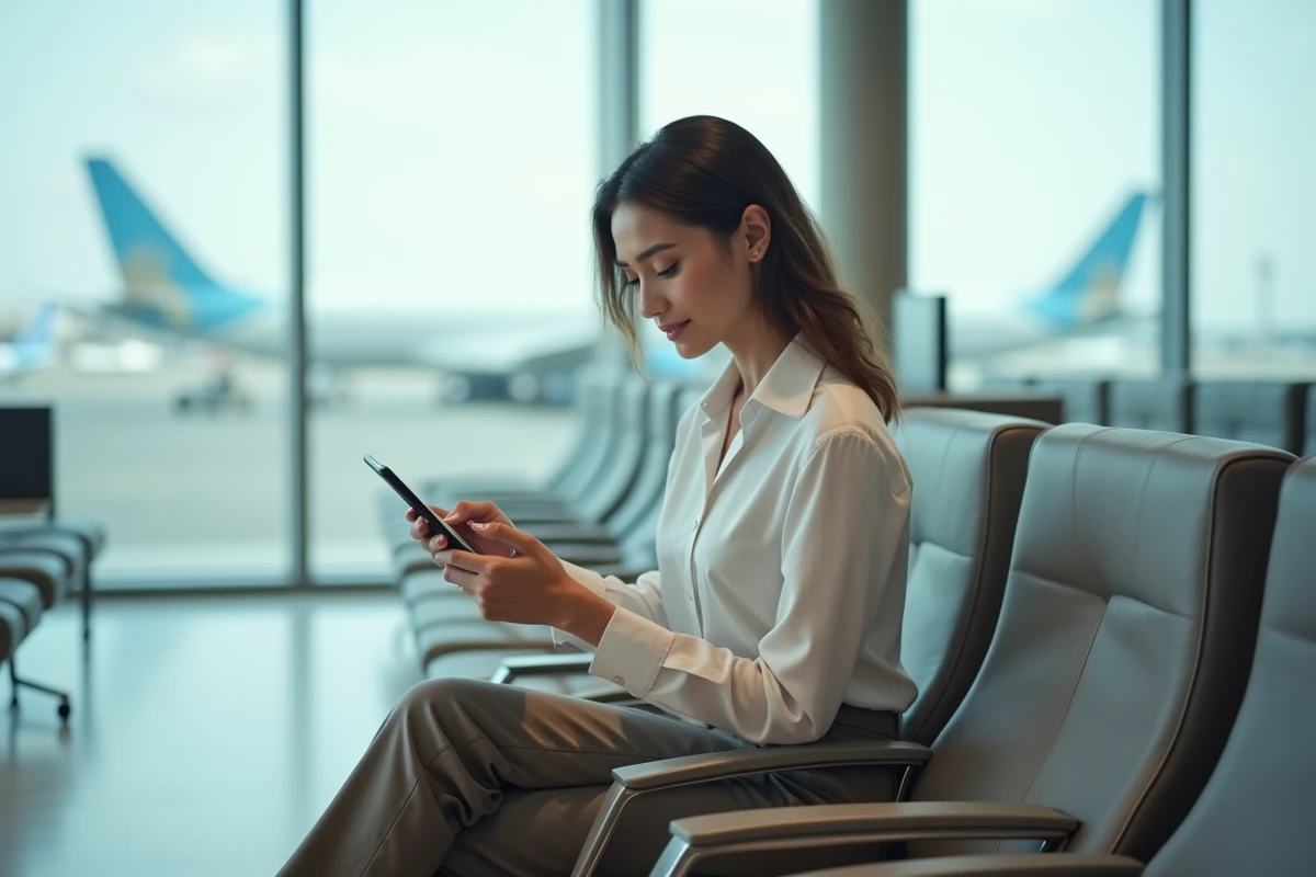 Jeune femme professionnelle vérifiant son webmail sur smartphone dans un salon d'aéroport avant un vol