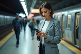 Femme consultant son webmail sur smartphone dans une gare métropolitaine en déplacement professionnel