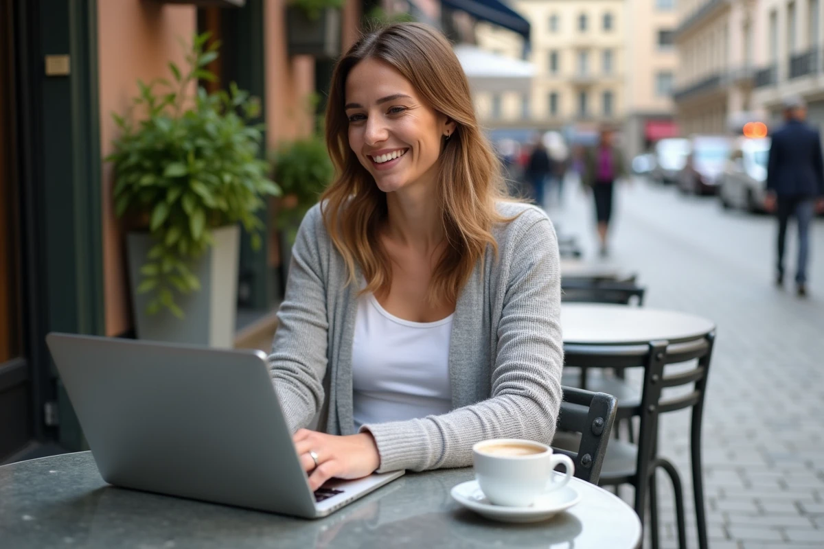 Femme assise au café utilisant un ordinateur portable