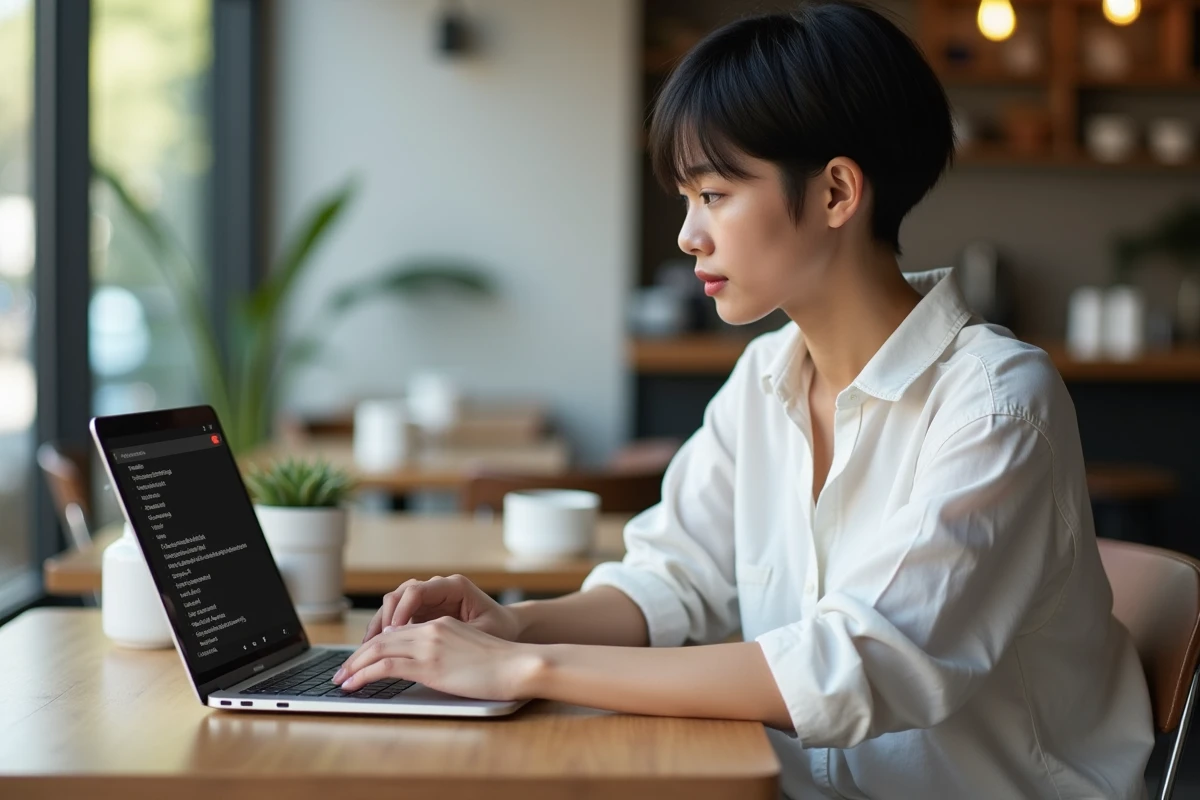 Jeune professionnel utilisant la fenêtre Forcer à quitter sur MacBook Air dans un café