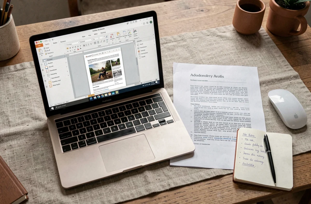 Vue aérienne d'un bureau avec laptop affichant l'insertion d'une photo dans un PDF et document imprimé