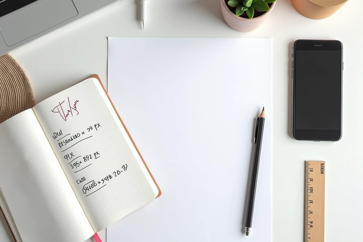 Vue aérienne d'un bureau avec document A4 imprimé, notes manuscrites sur les dimensions en pixels et règle de mesure