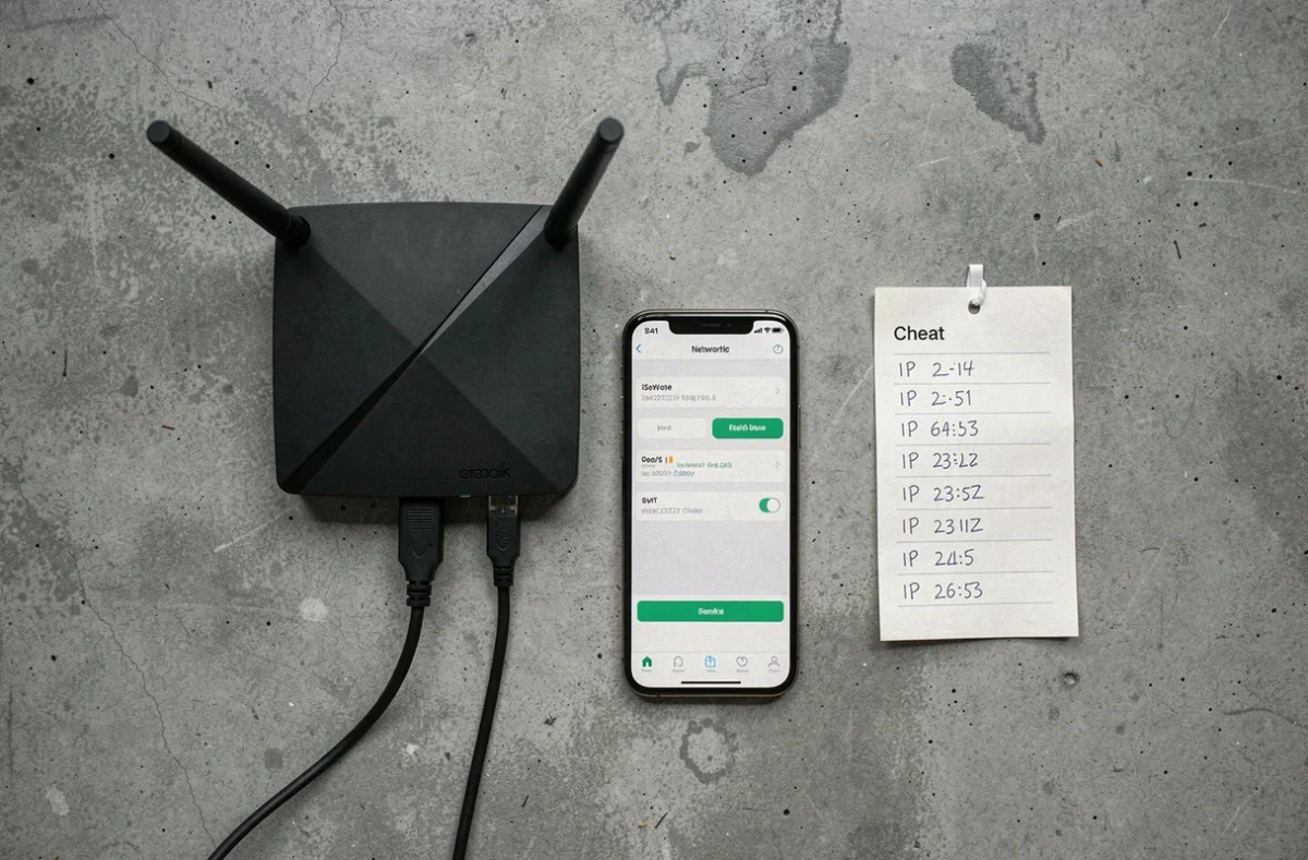 Vue de dessus d'un routeur noir, câble ethernet et smartphone affichant des paramètres d'adresse IP réseau sur fond béton gris