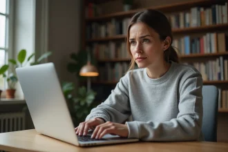 Femme utilisant le raccourci clavier sur MacBook Pro pour forcer la fermeture d'une application bloquée