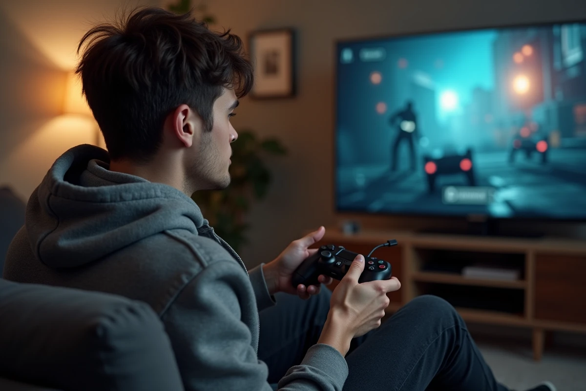 Gamer branchant un câble de chargement USB-C sur une manette PS4 dans un salon moderne