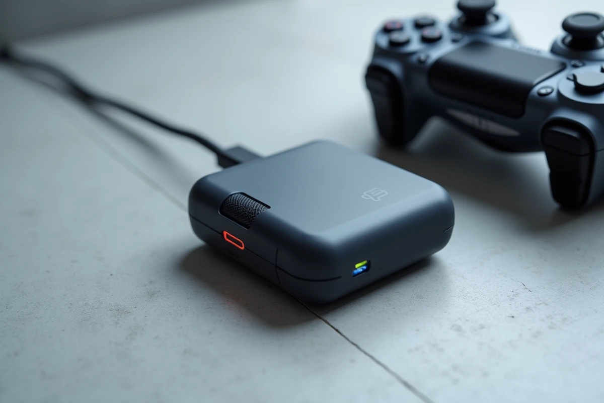Gros plan sur un chargeur compact pour manette PS4 avec indicateur LED posé sur surface béton gris