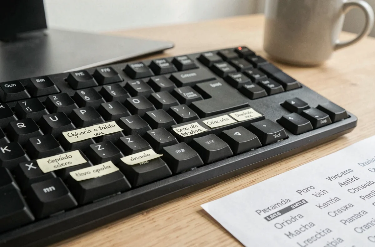 Gros plan sur un clavier PC de bureau avec annotations pour les accents de l'espagnol