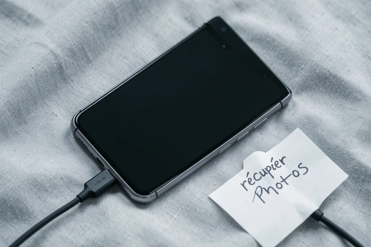 Gros plan d'un Samsung Galaxy Z Flip 4 avec écran noir posé sur tissu gris, câble USB branché et note manuscrite pour récupérer les photos
