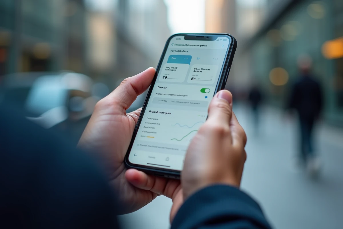 Gros plan sur un smartphone affichant les statistiques de consommation de données de l'application SFR TV