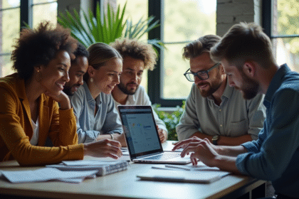 Groupe de personnes collaborant pour créer un site web lumineux