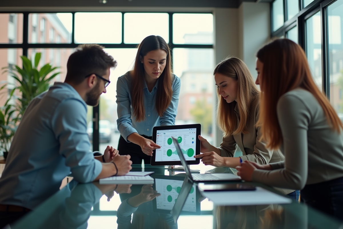 Groupe de developpeurs en discussion dans un espace de coworking