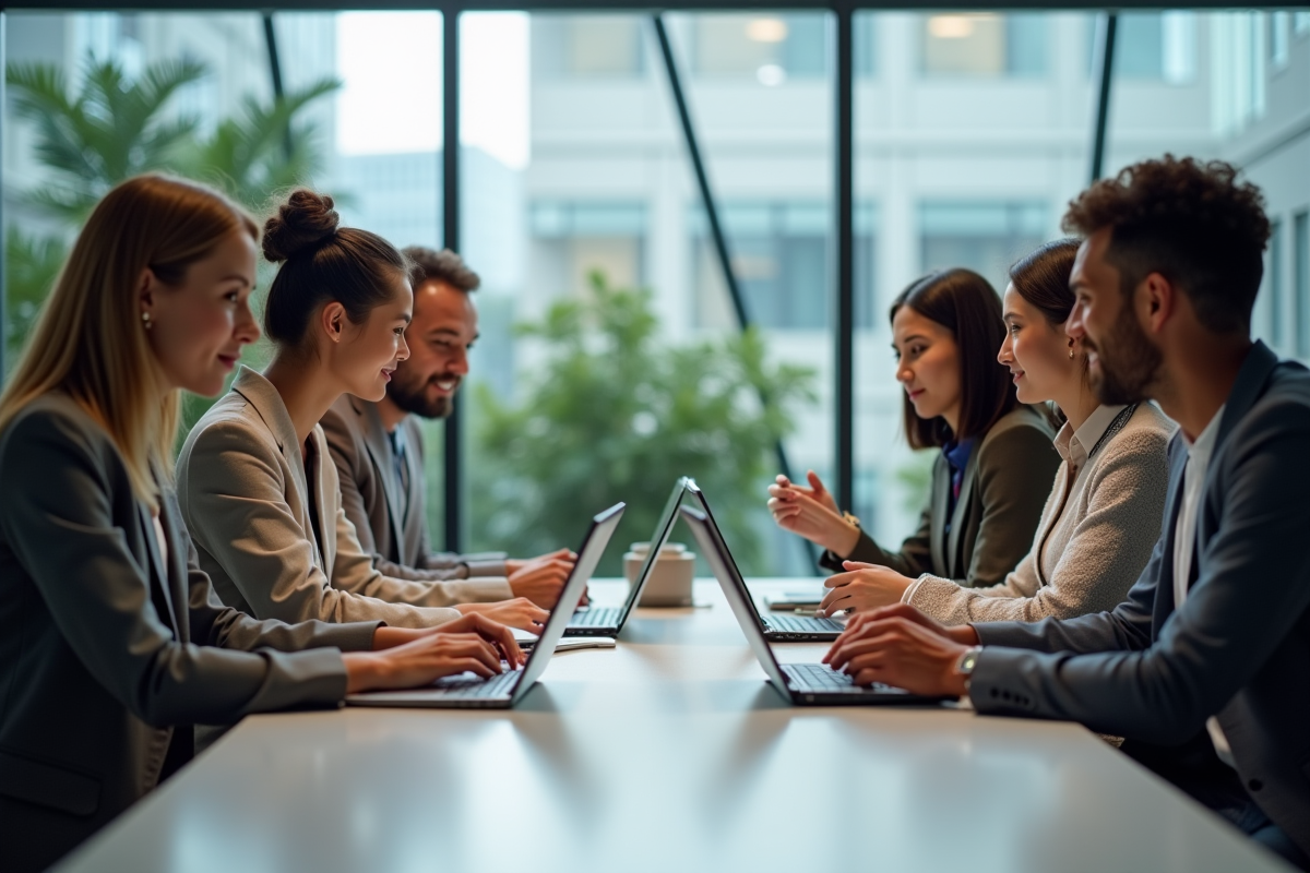 Groupe de jeunes professionnels en réunion dans un bureau moderne
