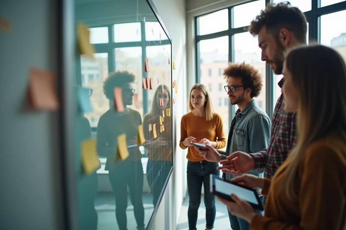Groupe diversifié collaborant sur une interface d