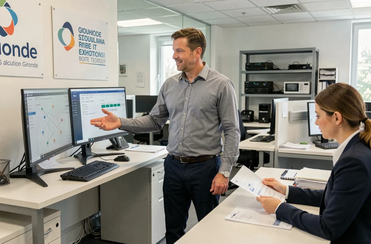 Consultant de GS Informatique présentant des solutions informatiques à une professionnelle dans un bureau en Gironde