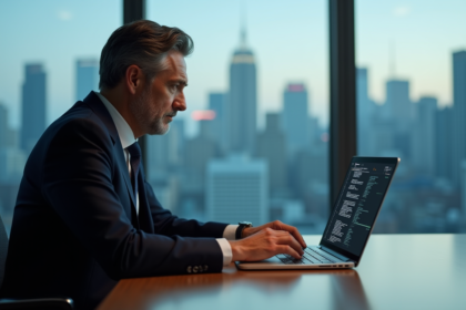 Homme d'affaires sérieux en costume dans un bureau moderne